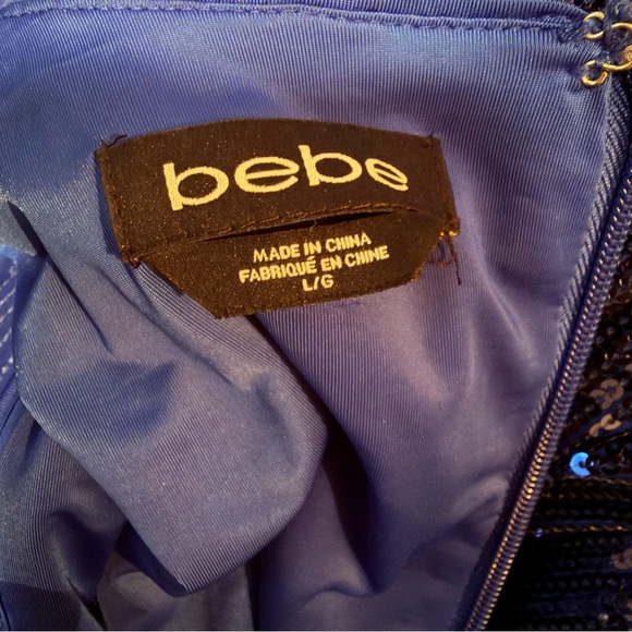 Bebe Blue Sequin Longsleeve Deep Plunge Sheer Panel Dress - Picture 11 of 12